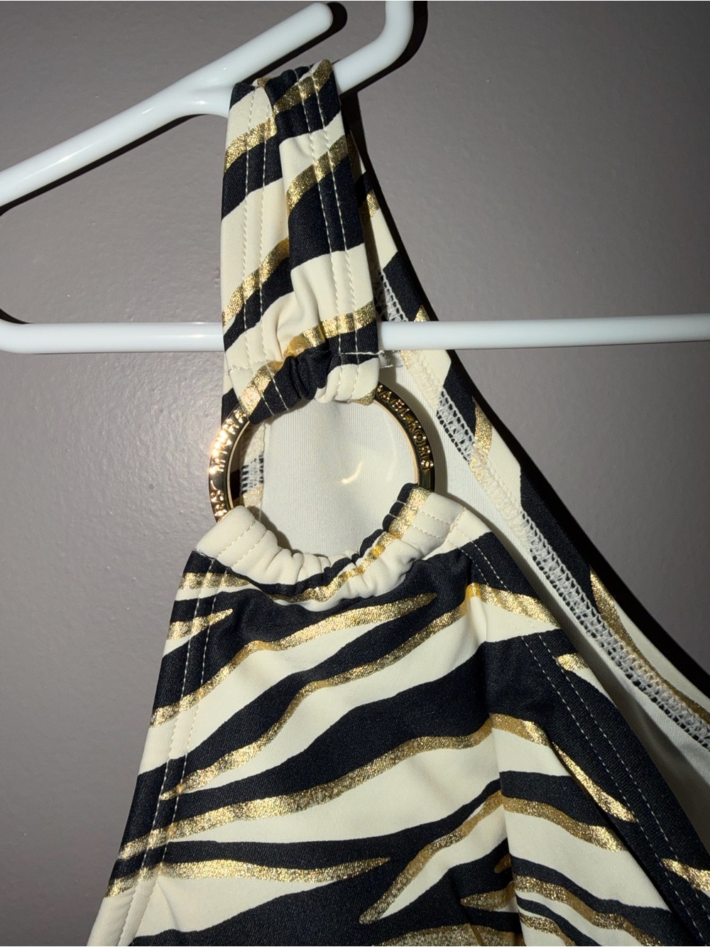 Michael Kors Black, White & Gold Zebra Stripe One-Shoulder Swimsuit - Picture 4 of 9